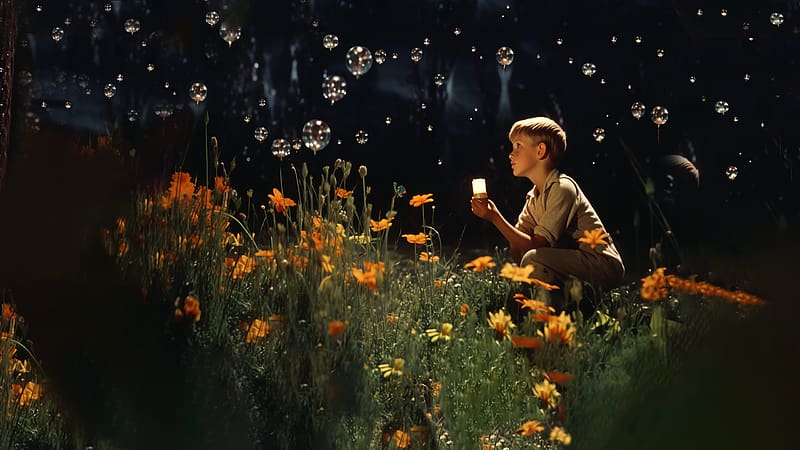 Boy in Field of Flowers blowing Bubbles - , Flowers, Field, grass, bubbles, HD wallpaper