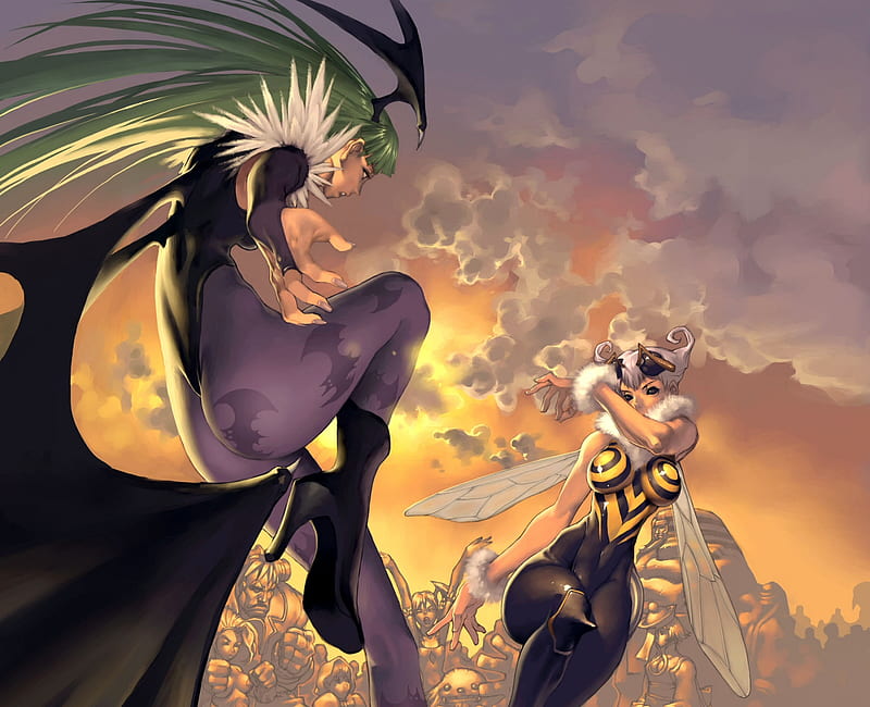 Morrigan Aensland VS Queen Bee, marvel, games, bat wings, action, marvel vs capcom, darkstalkers, insect wings, boots, white hair, video games, sunset, capcom, clouds, skin-tight suits, anime, q-bee, head wings, long hair, morrigan, night warriors, fighting, wings, sky, heels, crowd, cool, battle, fight, females, green hair, morrigan aensland, queen bee, HD wallpaper