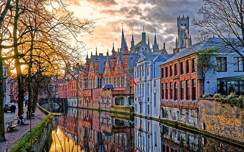 Bruges, evening, sunset, canal, buildings, Bruges cityscape, Belgium, HD wallpaper