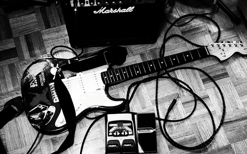 Guitar, stereo, rock, white black, HD wallpaper