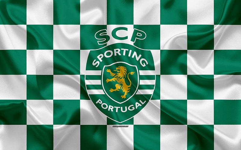 Sporting CP logo, creative art, green white checkered flag, Portuguese football club, Primeira Liga, Liga NOS, emblem, silk texture, Lisbon, Portugal, football, HD wallpaper