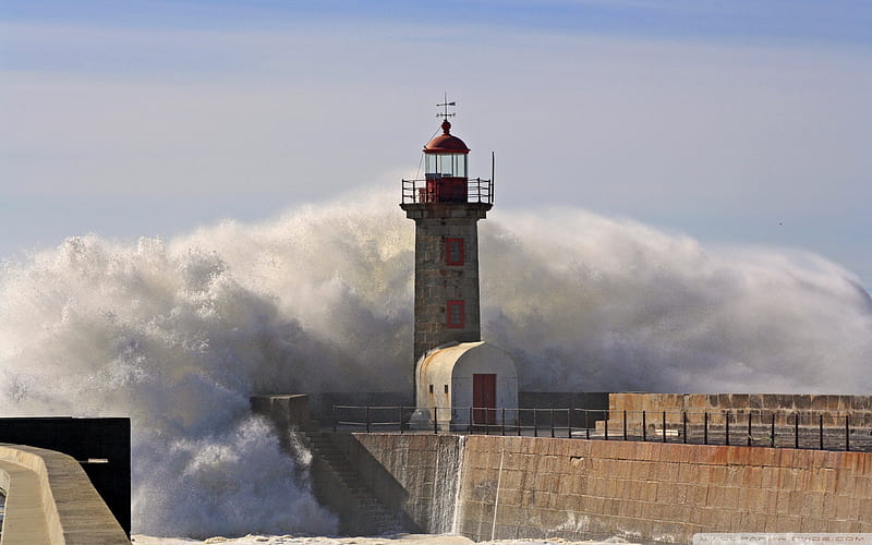 wave crashing a lighthouse, stairs, wall, wave, lighthouse, HD wallpaper
