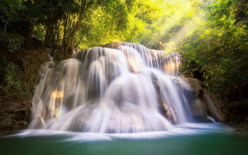 Huai Mae Khamin, waterfall, rainforest, blue lake, forest, Thailand, HD wallpaper