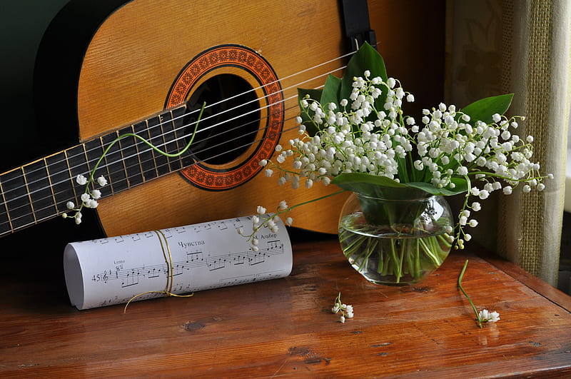 still life, pretty, lily of the valley, notes, vase, bonito, old, graphy, nice, gentle, flowers, beauty, harmony, lovely, music, elegantly, water, cool, guitar, bouquet, flower, HD wallpaper