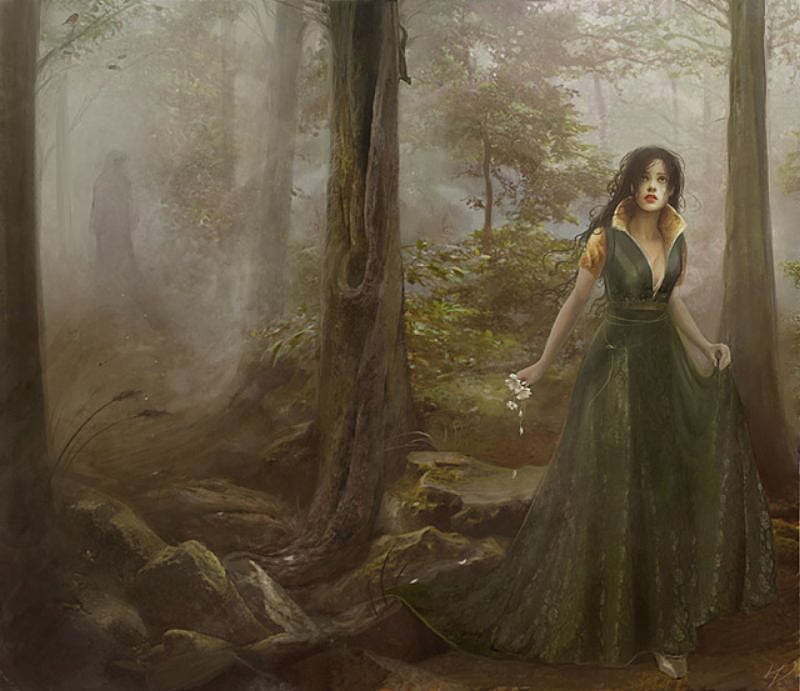 Alone in the forest, fear, beautyfull, girl, flowers, trees, woman, fog, HD wallpaper