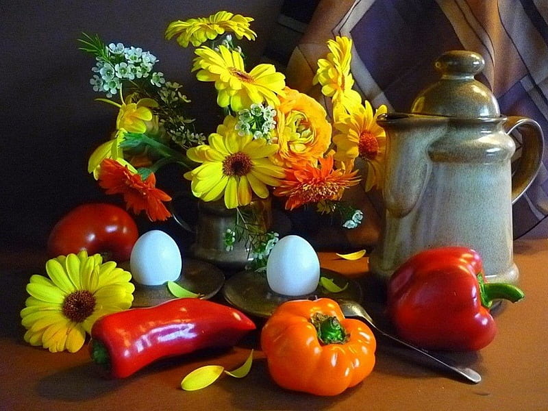 *** Still Life ***, martwa, warzywa, kwiaty, nature, HD wallpaper