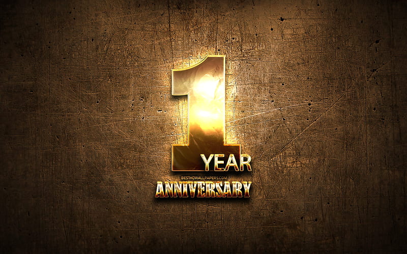 1 Year Anniversary, golden signs, anniversary concepts, brown metal background, 1st anniversary, creative, Golden 1st anniversary sign, HD wallpaper