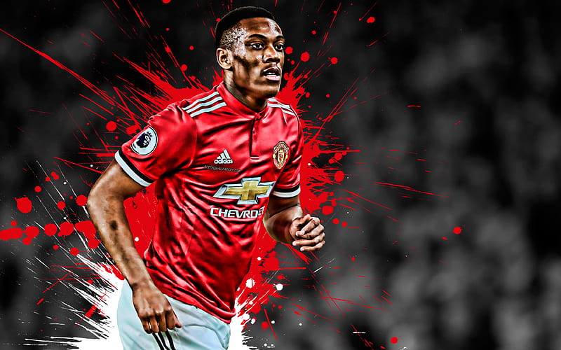 Anthony Martial french football player, Manchester United, striker, red-white paint splashes, creative art, Premier League, England, football, grunge, Martial, HD wallpaper