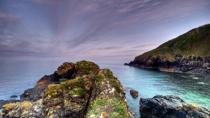 Moss covered rock at a sea inlet, rocks, horizon, inlet, moss, clouds ...