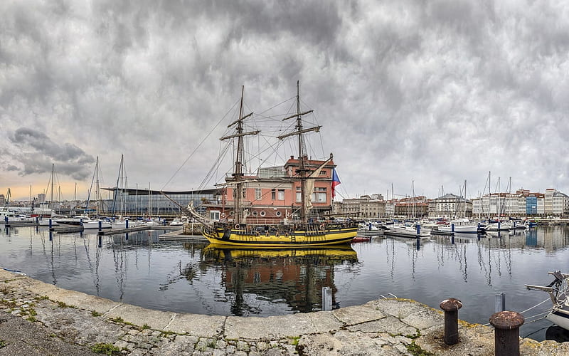 harbour, la coruna, sailboat, spain, HD wallpaper