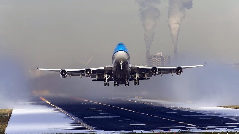 jumbo jet taking off, runway, taking off, pale, passenger, fog, winter, HD wallpaper