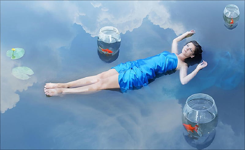 Relaxing pool, lovely, abstract, pool, blue dress, nice, water, girl