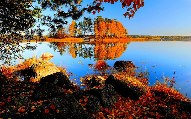 AUTUMN LAKE, autumn, leaves, water, stones, lake, HD wallpaper | Peakpx