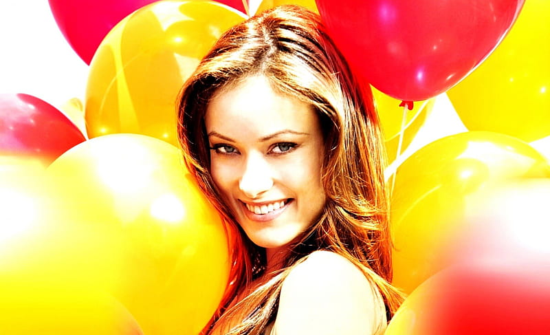 Olivia Wilde, red, baloons, movie, model, happy birtay, yellow, smile, woman, girl, actress, tv series, beauty, HD wallpaper