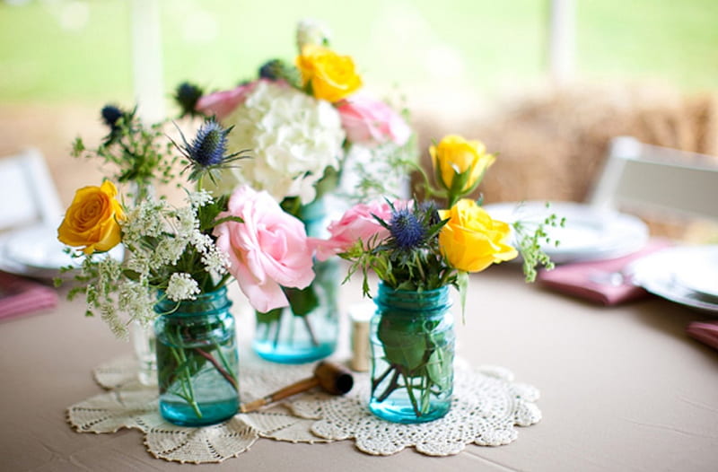 ░❀░, table, arrangements, clear, tablescapes, decor, vases, mason, flowers, blue, jars, HD wallpaper