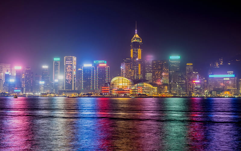 Hong Kong, skyscrapers, city night lights, modern buildings, metropolis, China, HD wallpaper