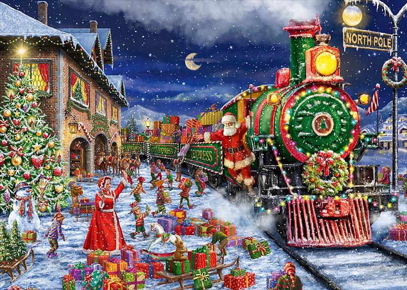Santa’s Special Collection, mrs claus, christmas, steam, elves, collection, tree, santa, moon, snow, train, engine, presents, Hristmas, north pole, HD wallpaper