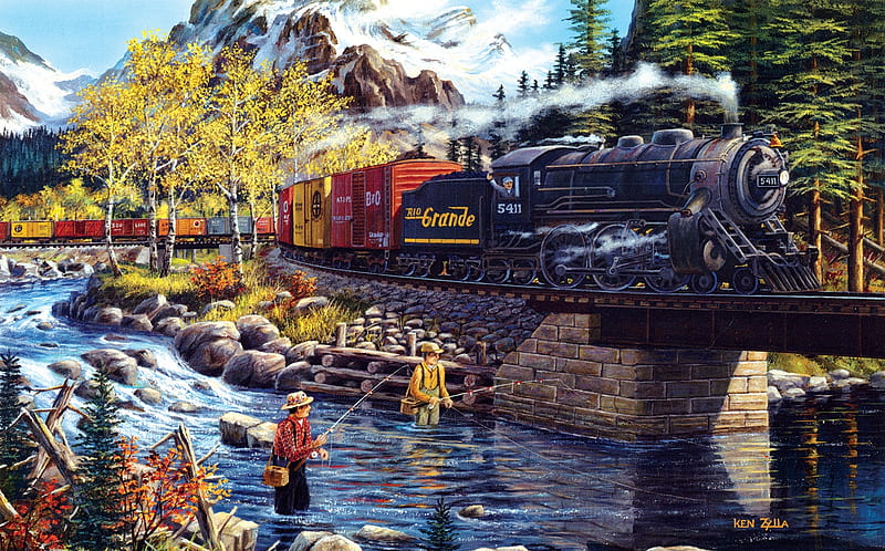 Cascade Run, bridge, mountains, trains, men, steam, river, fishing, locomotive, artwork, painting, HD wallpaper