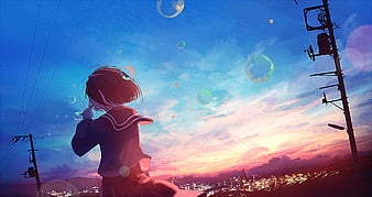 School Girls Anime Flying Night Sky Sunset 4K Wallpaper #6.2587