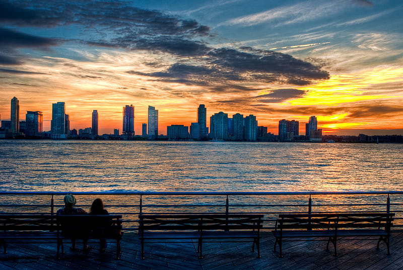 Hudson River Sunset, new york, water, hudson river park, benches, colors, clouds, sky, skyscrapers, HD wallpaper