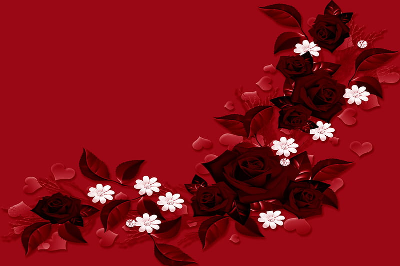 Velvet Roses & Heart Confetti, Pretty, hop, Red, Diamonds, Crimson, Floral, Velvet, Blooms, Flowers, Roses, Daisies, HD wallpaper