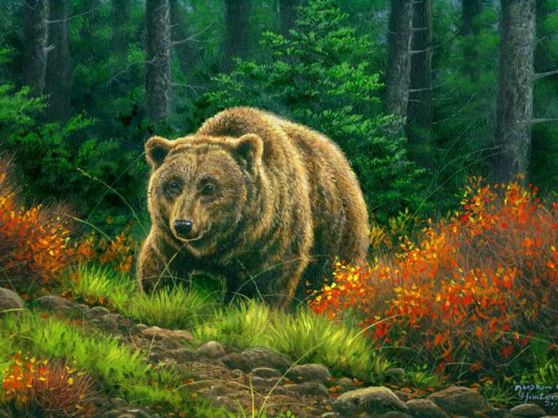 Grizzly bear, fear, forest, art, grass, bear, paintning, trees, mountain, predator, wild, summer, path, nature, grizzly, HD wallpaper