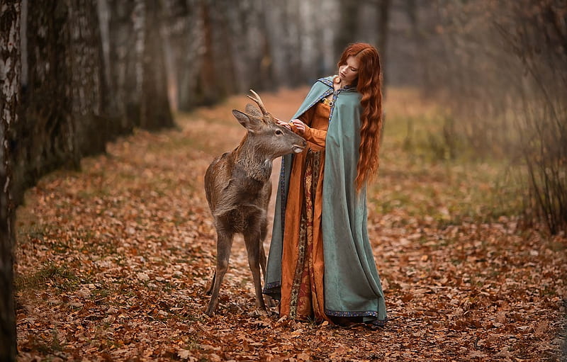 model, girl, deer, forest, redhead, woman, HD wallpaper | Peakpx