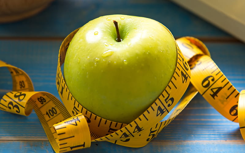 weight loss, slimming concepts, green apple and measuring tape, diet, proper nutrition, HD wallpaper