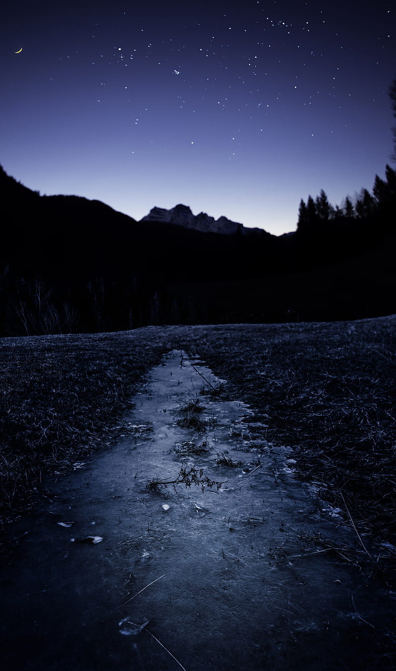 night, mountains, ice, starry sky, moon, HD phone wallpaper