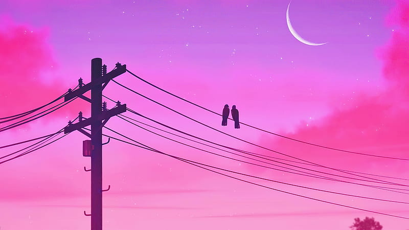 Birds Sitting On Electric Power Poles Lines Twilight , birds, twilight, moon, pink, artist, artwork, digital-art, HD wallpaper