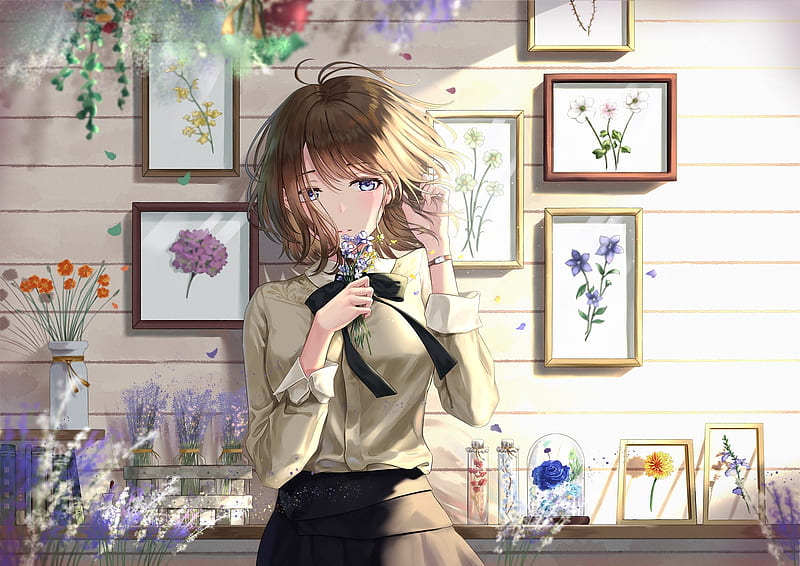 beautiful anime girl, wall, canvas, purple eyes, flower bouquet, shirt, Anime, HD wallpaper