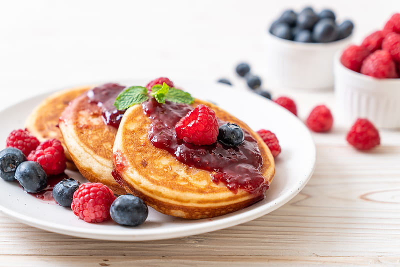 Food, Pancake, Berry, Blueberry, Breakfast, Fruit, Raspberry, Still Life, HD wallpaper