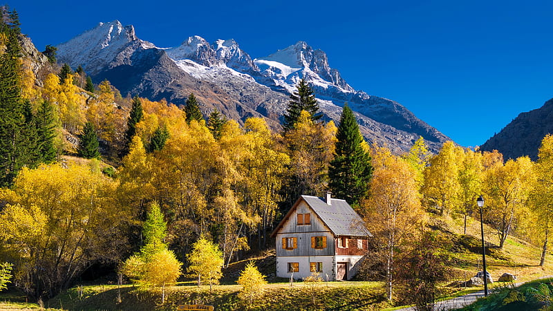 Autumn in France, house, autumn, slope, France, bonito, rocks, hills, fall, chalet, mountain, HD wallpaper