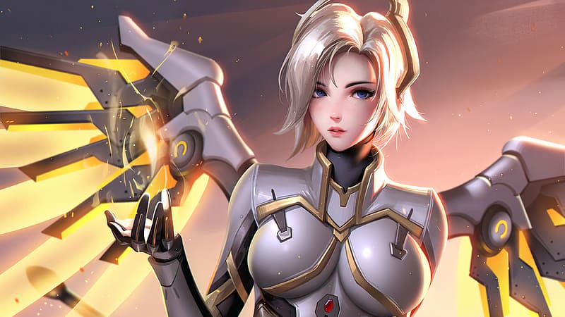 Papel de parede : Mercy Overwatch, videogames, Personagens de videogame,  Meninas de jogos de vídeo, mulheres, Menina de fantasia, Loiras, Boinas,  armaduras, Asas, olhos azuis, Olhando para o espectador, Sardas, Brilhante,  Profundidade