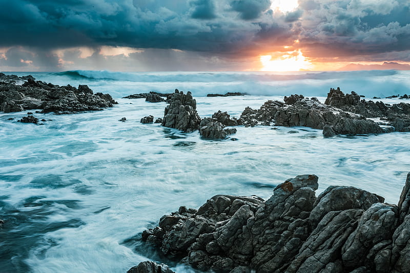 rocks, sun, sea, surf, HD wallpaper