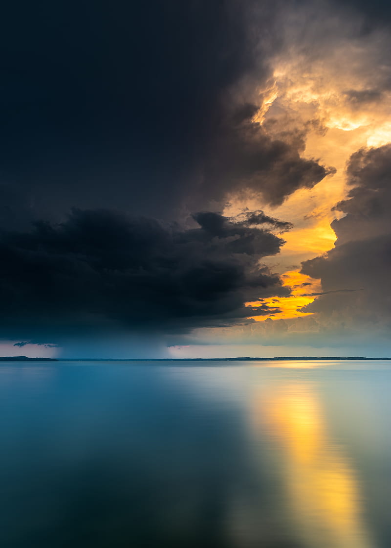 lake, sunset, glare, sky, clouds, HD phone wallpaper