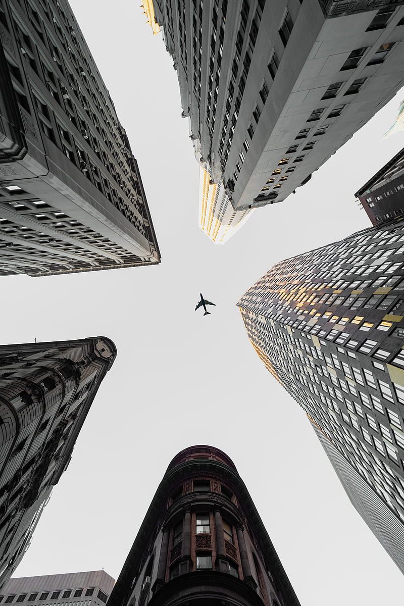 plane, buildings, city, bottom view, HD phone wallpaper