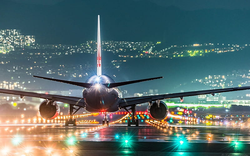 lights, plane, night airport, landing, HD wallpaper