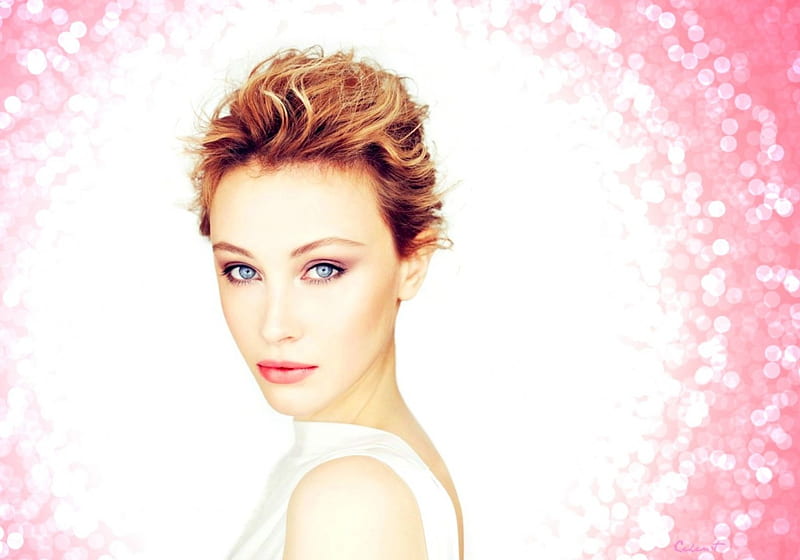 Sarah Gadon, redhead, by cehenot, woman, bokeh, girl, actress, white, pink, HD wallpaper