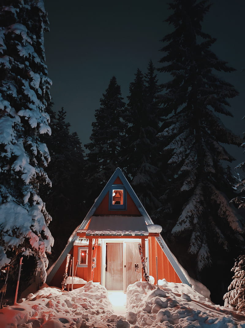 house, snow, winter, night, nature, HD phone wallpaper