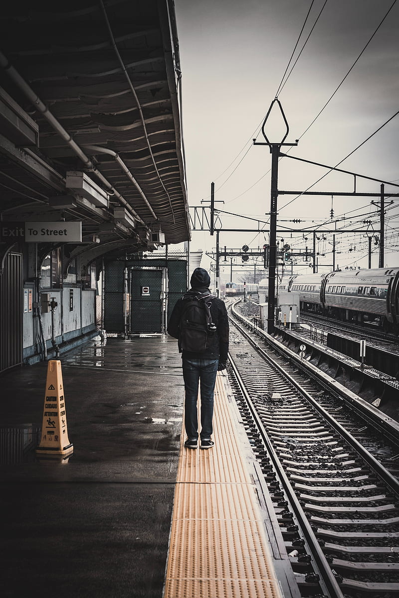 man, railway, station, platform, rails, HD phone wallpaper