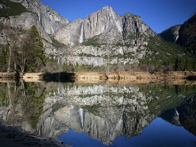 Superior e Inferior-Yosemite Falls--refletida-in-the-Merced-rio-California., water, montanhas, cachoeira, nature, HD wallpaper