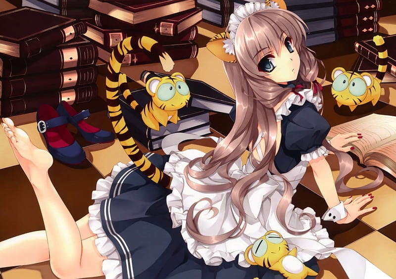 Tiger Maid, Books, Anime, Blue Eyes, Anime Tiger, Barefoot, Tiger, Brunette, Tiger Ears, Red Fingernails, Big Eyes, Maid Outfit, Anime Girl, Tiger Tail, Maid, Anime Maid, HD wallpaper