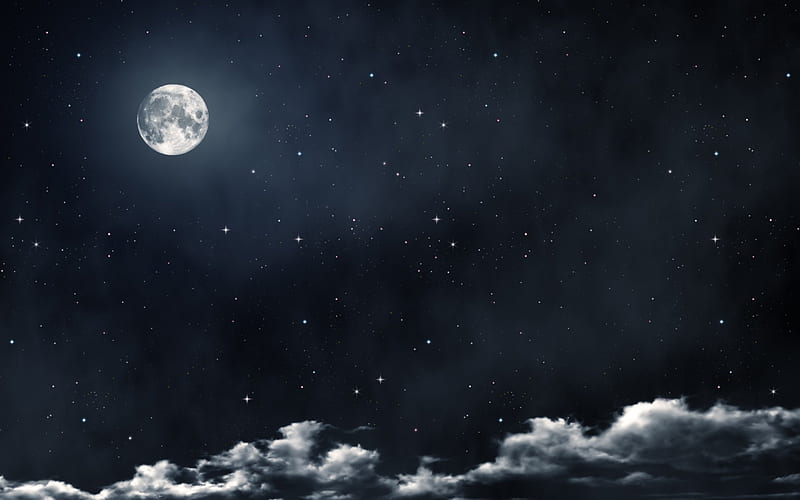 Full Moon, stars, cloud, black, sky, fantasy, dark, white, night, HD wallpaper