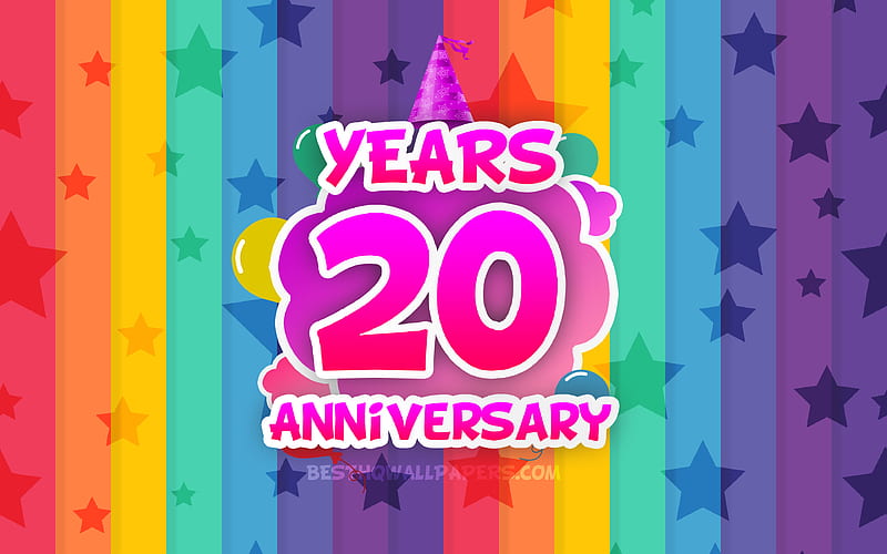 20 Years Anniversary, colorful clouds, Anniversary concept, rainbow background, 20th anniversary sign, creative 3D letters, 20th anniversary, HD wallpaper