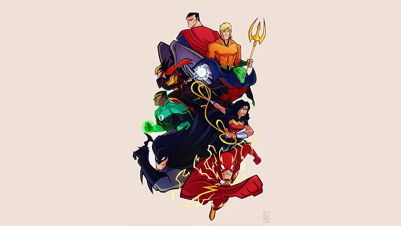 Justice League Cartoon Comic Artwork , justice-league, superheroes, hawkgirl, aquaman, flash, superman, batman, martian-manhunter, wonder-woman, artwork, artist, digital-art, HD wallpaper