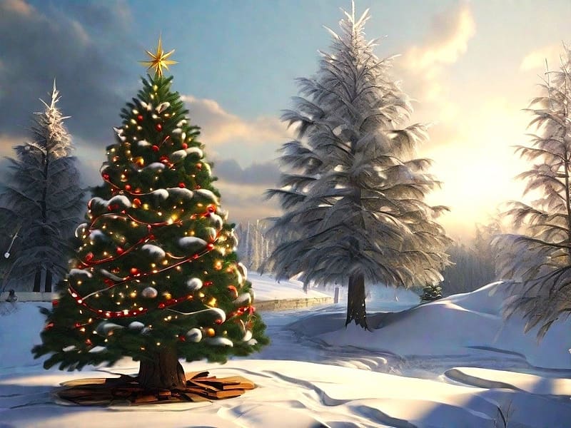 Christmas tree, karacsonyfa, dekoracio, karacsony, ho, teli erdo, tel, unnep, havas fak, diszek, szepseg, HD wallpaper