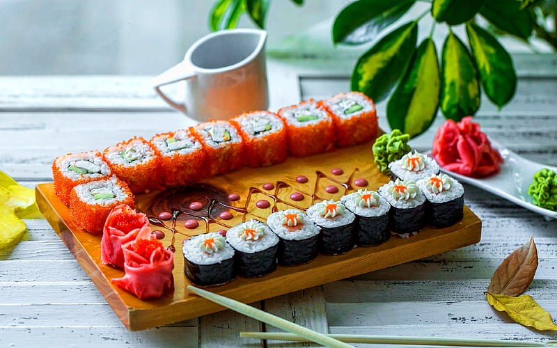 sushi asian food, rolls, maki, uramaki, fastfood, HD wallpaper