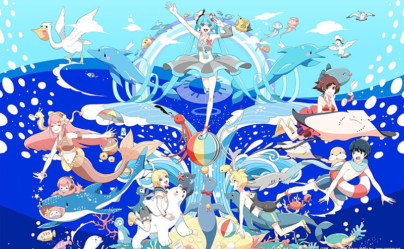 ~Vocaloid At Sea~, vocaloid, hatsune miku, fish, ocean, mermaid, seagulls, megurine luka, sea, water, len and rin kagamine, summer, animals, HD wallpaper