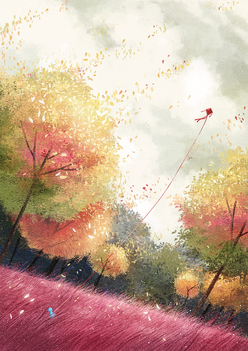 kite, forest, trees, autumn, art, HD phone wallpaper